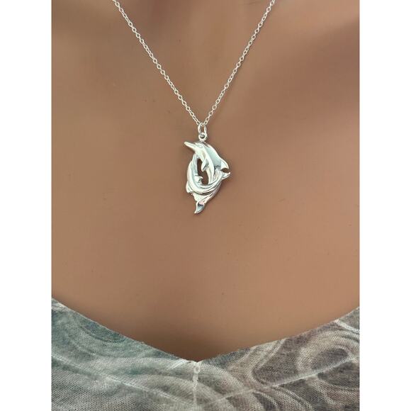 Sterling Silver Playful Dolphins Necklace, Silver Playful Dolphins Necklace - Picture 1 of 5